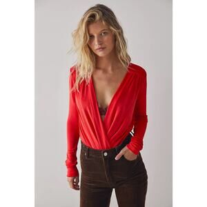 Intimately Free People Red Long Sleeve Wrap Deep V Bodysuit XS